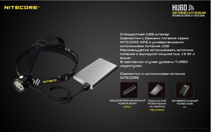 Налобный фонарь Nitecore HU60 CREE 4*XP-G3 S3+XHP35HDE2