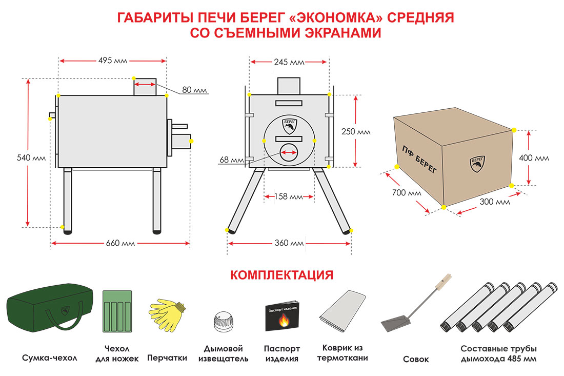 Размеры печи Экономка Средняя со съемными экранами