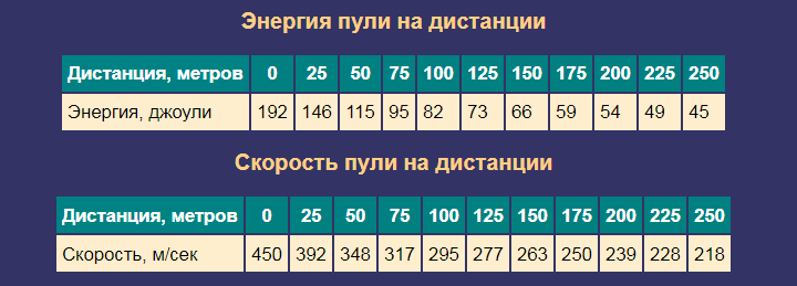 Энергия и скорость пули на дистанции